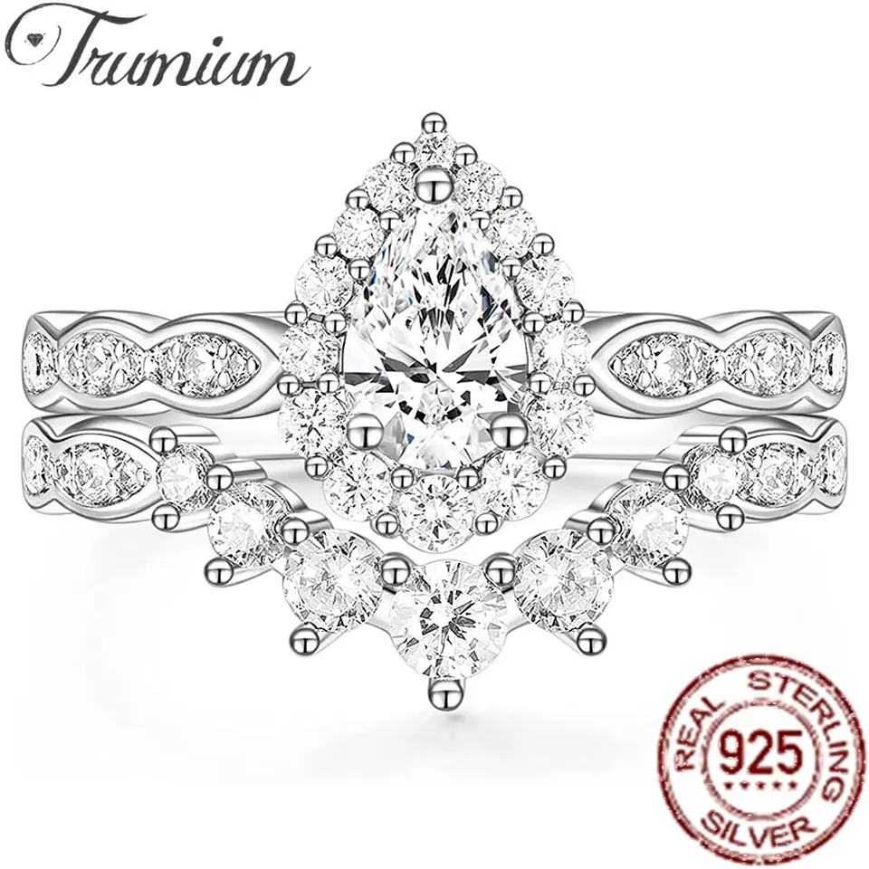 Trumium 1,5ct slzy 925 Sterling Silver Svadobné súpravy Svadobné pásmo Vintage hruškový tvar halo kubický zirkónia zásnubný prsteň