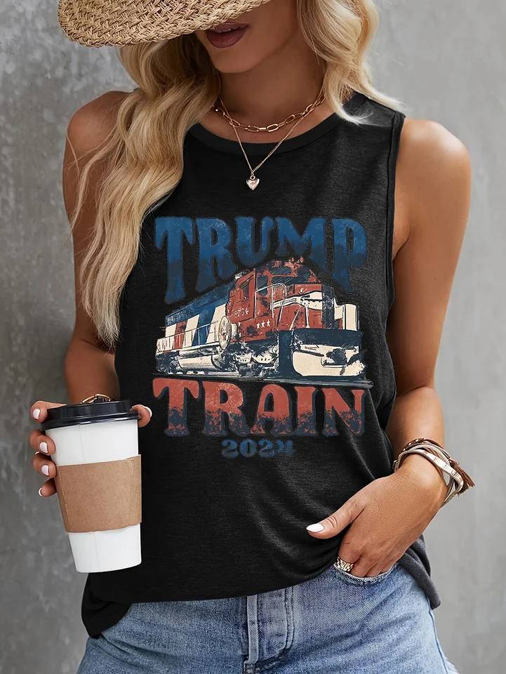 Trump Train Print Tank Top bez rukávov ležérny vrchol pre letné a jarné dámske oblečenie
