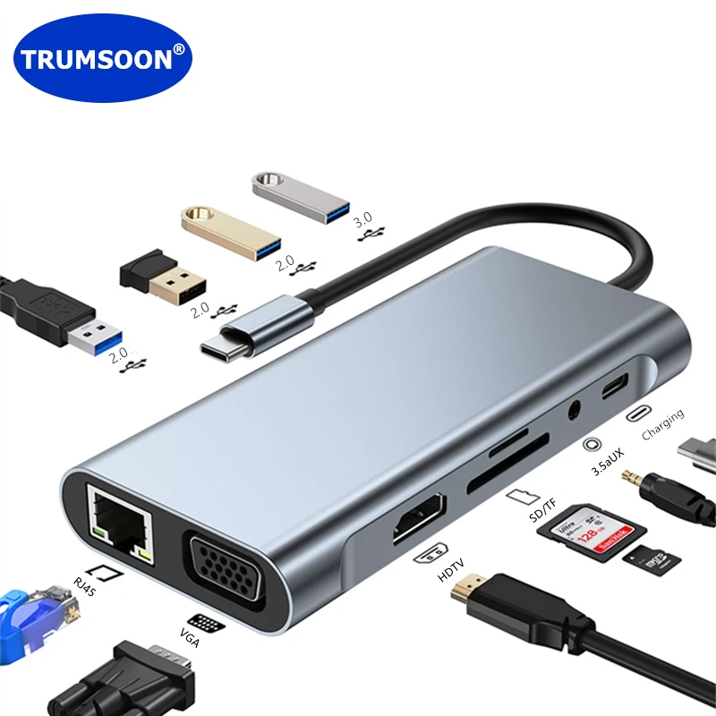 Trumsoon USB C Hub to RJ45 LAN 4K HDMI-kompatibilný VGA Typ C PD USB 3.0 SD TF Dock pre MacBook iPad Samsung S20 DEX TV LAPTOP