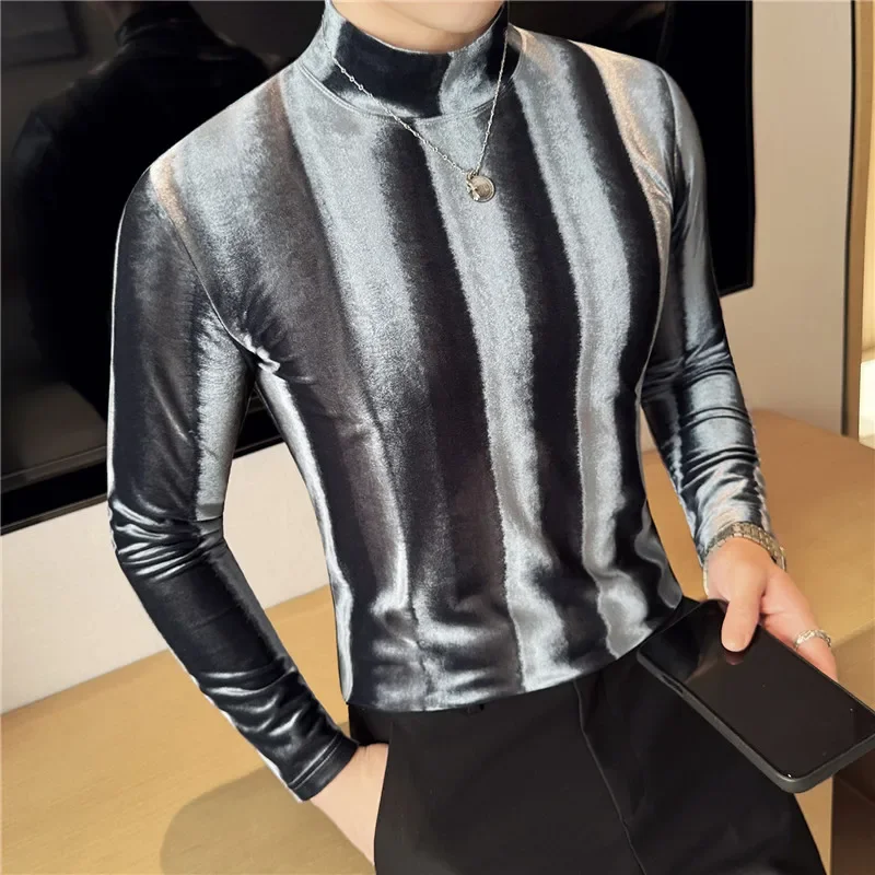 Tshirt s dlhým rukávom Zametované dno Tshirt Muži luxusný gradient Slim Fit Pánske tričko Autumn Winter Half Turtleneck T tričká