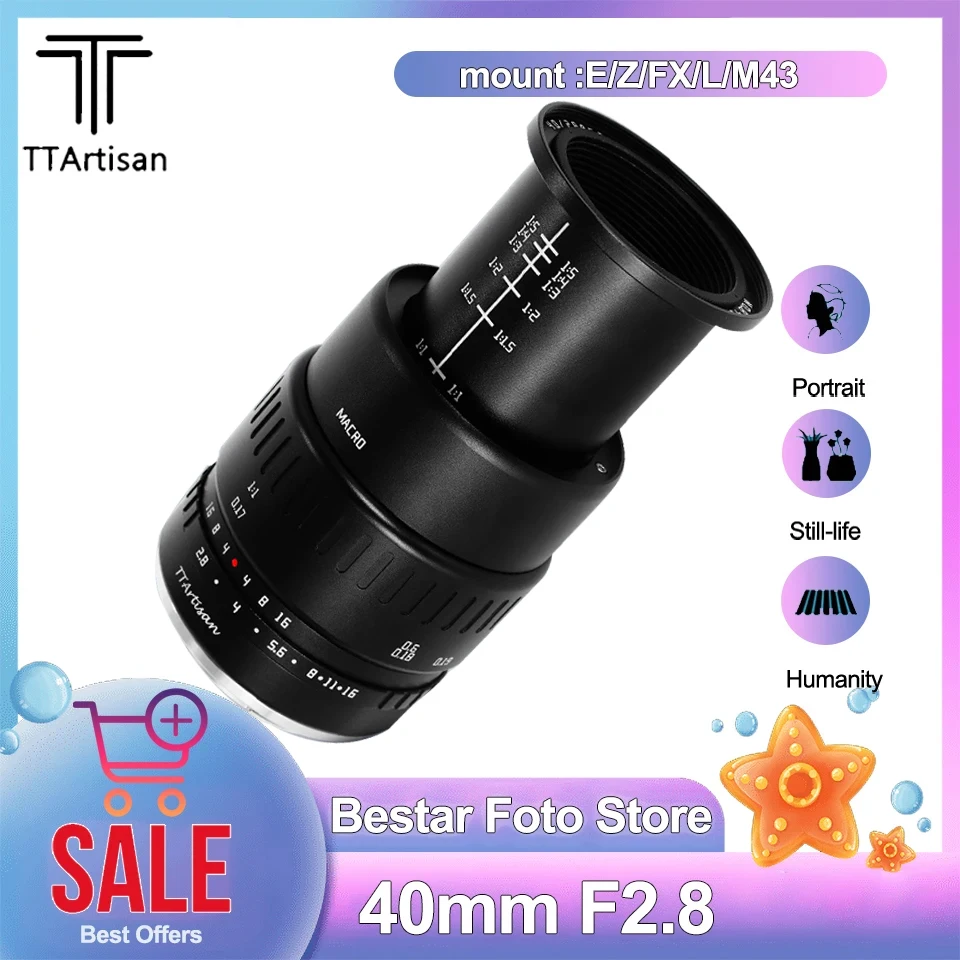 Ttartisan 40 mm f2.8 makro objektív pre hmyz šperky portrét zátišie s zátišou životom kompatibilný s Fuji XS10 Sony A6600 Canon M Canon M