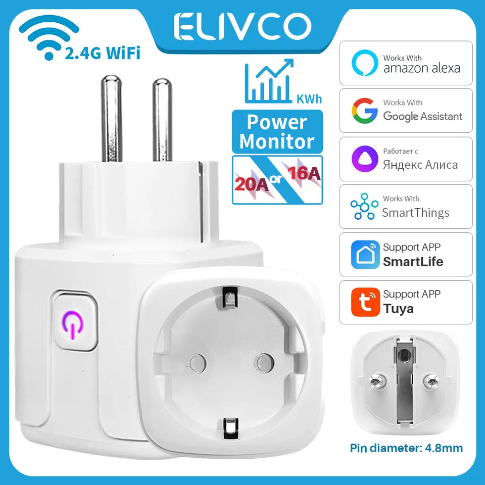 Tuay Smart Socket EU16A/20A WiFi Smart Plug s napájaním Monitorovanie inteligentných životných aplikácií Diaľkové ovládanie podpory Google Assistant Alexa