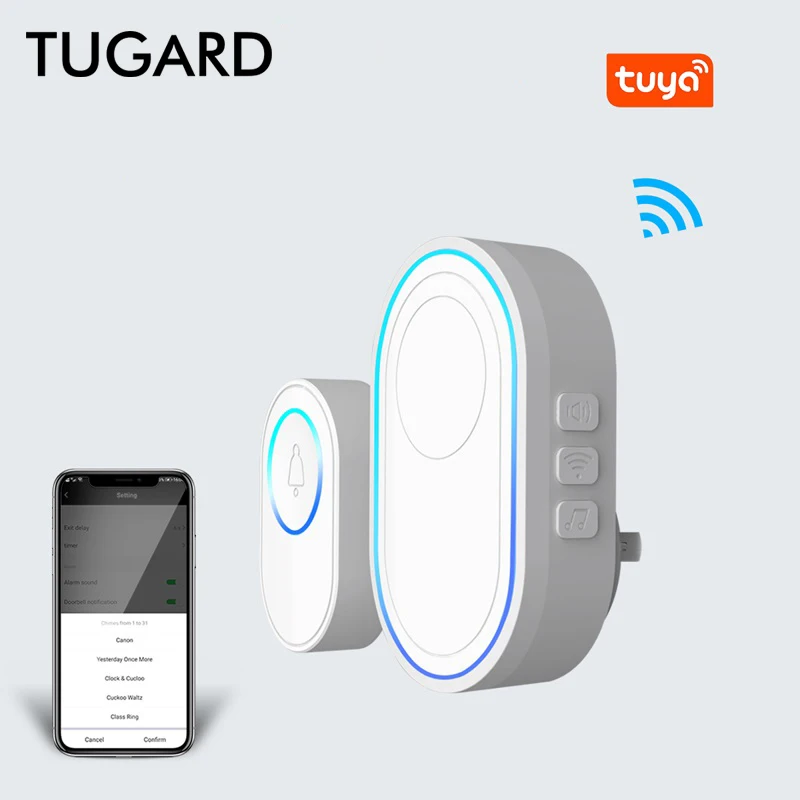 Tugard New Tuya WiFi Smart Wireless Wireless Dverne -Bell Alarm System proti krádeži a prevencii požiaru pre inteligentnú ochranu rodiny