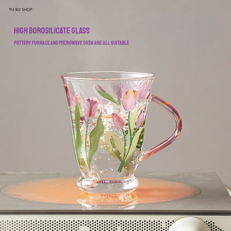 TULIP Glass Set Domácnosť odolná voči tepelným vodou kanvica ružový vzor Priehľadný hrnček opakovane použiteľný šálka šálky nápoja Dijevo prepravu zadarmo
