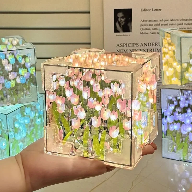 Tulipán Nightlight Ručne vyrobené domáce zvieratá kocka Tulip zrkadlové spálne dekorácie Atmosféra lampa Valentína darček k narodeninám