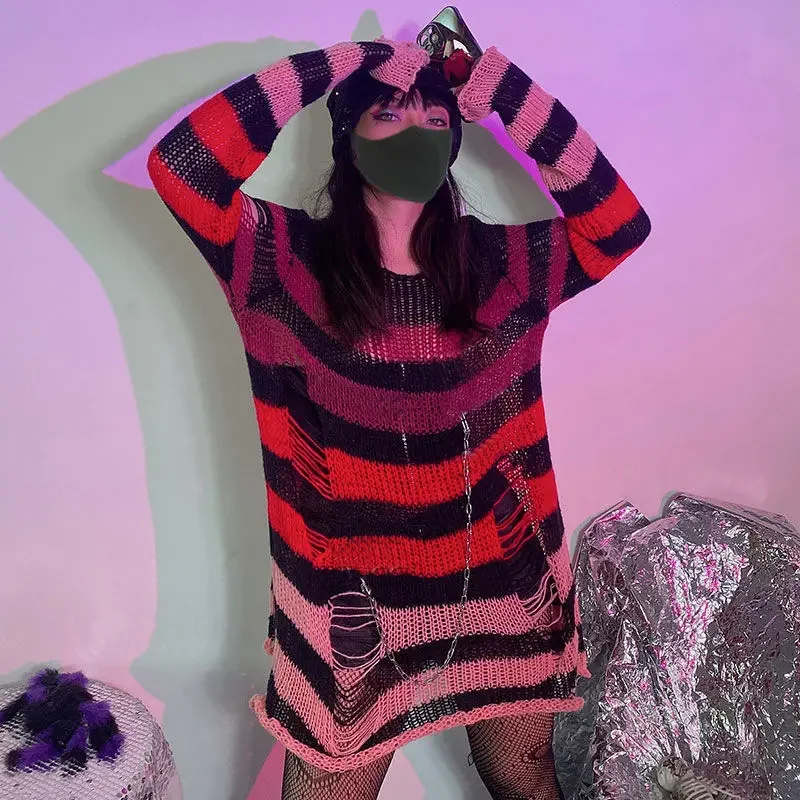 TUMAO Ženy y2k e-dievča goth goth diery pruhované pletené pullovy s dlhým rukávom roztrhané sveter mikrov