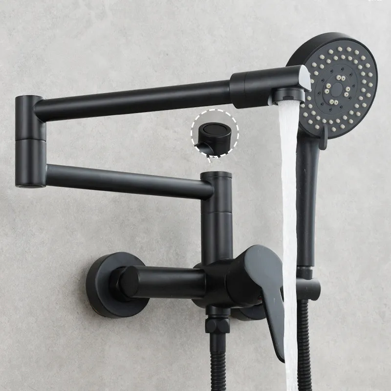 Tuqiu Fodable Kitchen Kuchynský faucet mosadz čierny kuchynský drez Mixer Tap Hot & Cold Wall namontovaný s striekajúcou pištoľou otáčajúceho umývadla
