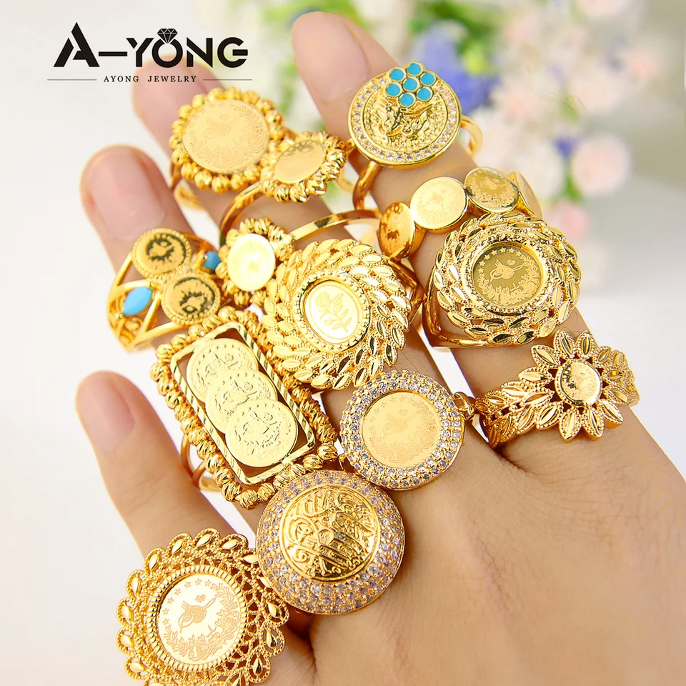 Turkish Coin Rings 18k Gold -Plated Zirkón Dubaj Africká Saudská Arábia Ženy svadobné večere príslušenstvo