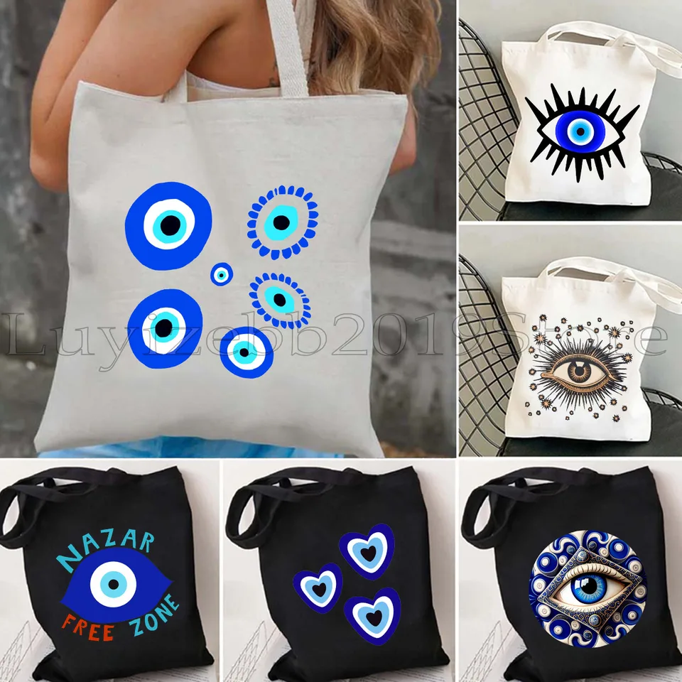 Turkish Magic Nazar Grécko modré zlé oko hamsa amulet grécke farebné mandala plátno nakupovanie tote taška nakupujúci bavlna ekologická kabelka