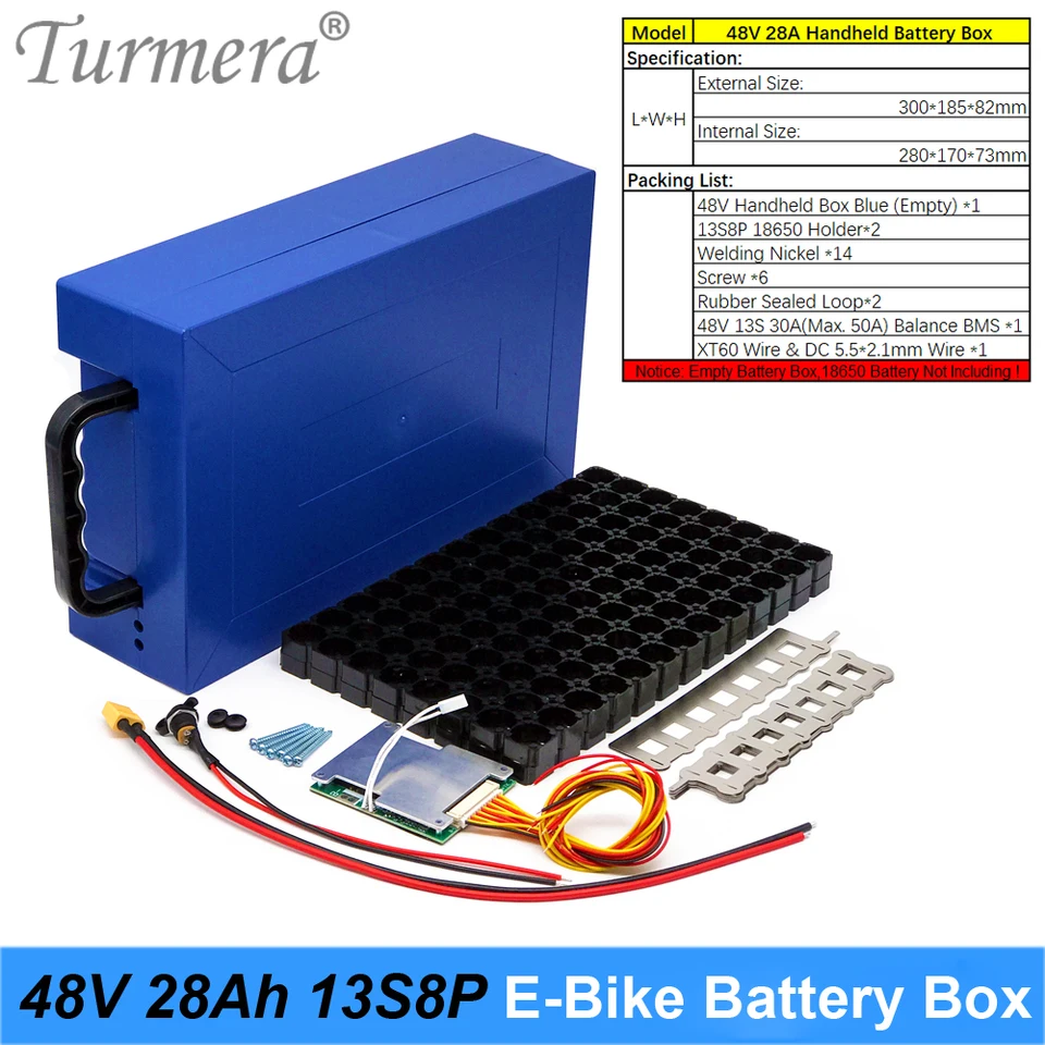 Turmera 48V E-Bike Battera Box Puzdro 13S 30A 50A Zostatok BMS s 13S8P 18650 držiak DC XT60 Plug Welding nikel pre DIY Pack Použite