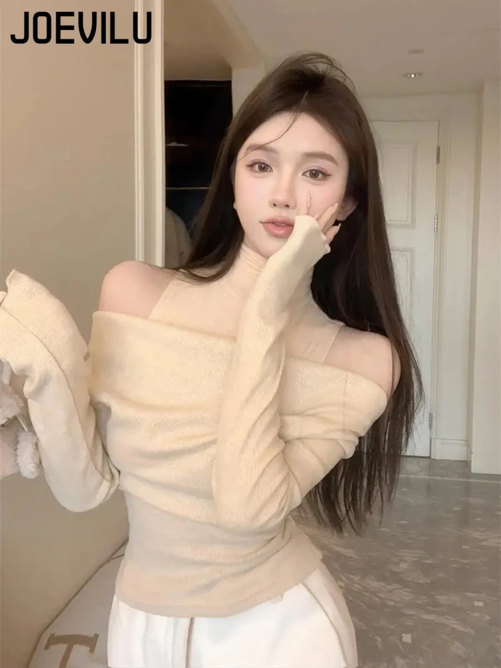 Turtleneck mimo ramena Top Dámske jedinečné tričko s dlhým rukávom Jeseň a zimná sexy štíhle fit Undershirt Kórejská módna blúzka