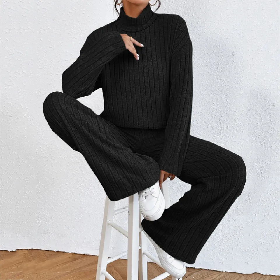 TurtleNeck Sweater Tops s nohavicami 2 kusové súpravy Ženy pletené príležitostné teplé módne svetre mäkké s dlhým rukávom na streetwear
