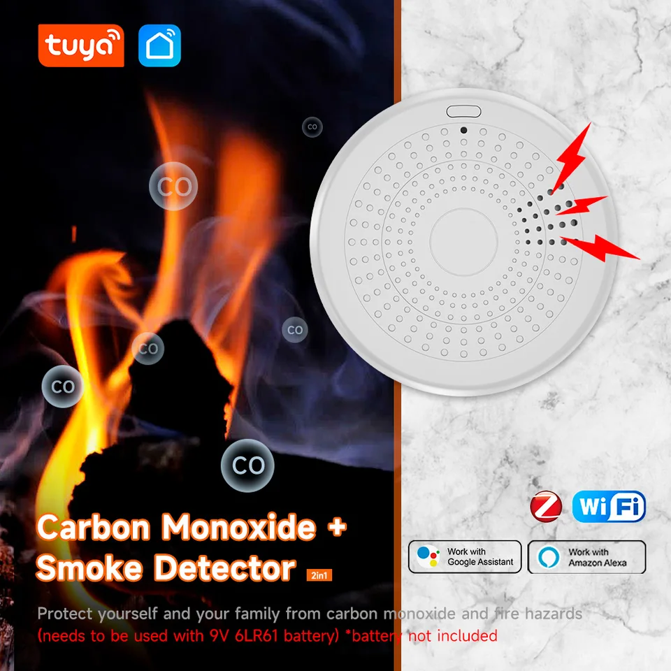 Tuya 2 v 1 verzii Smoke Fire Sound Sensor Alarm Senzor WiFi Funkcia Smoke Detector a detektor oxidu uhoľnatého Co s inteligentným životom