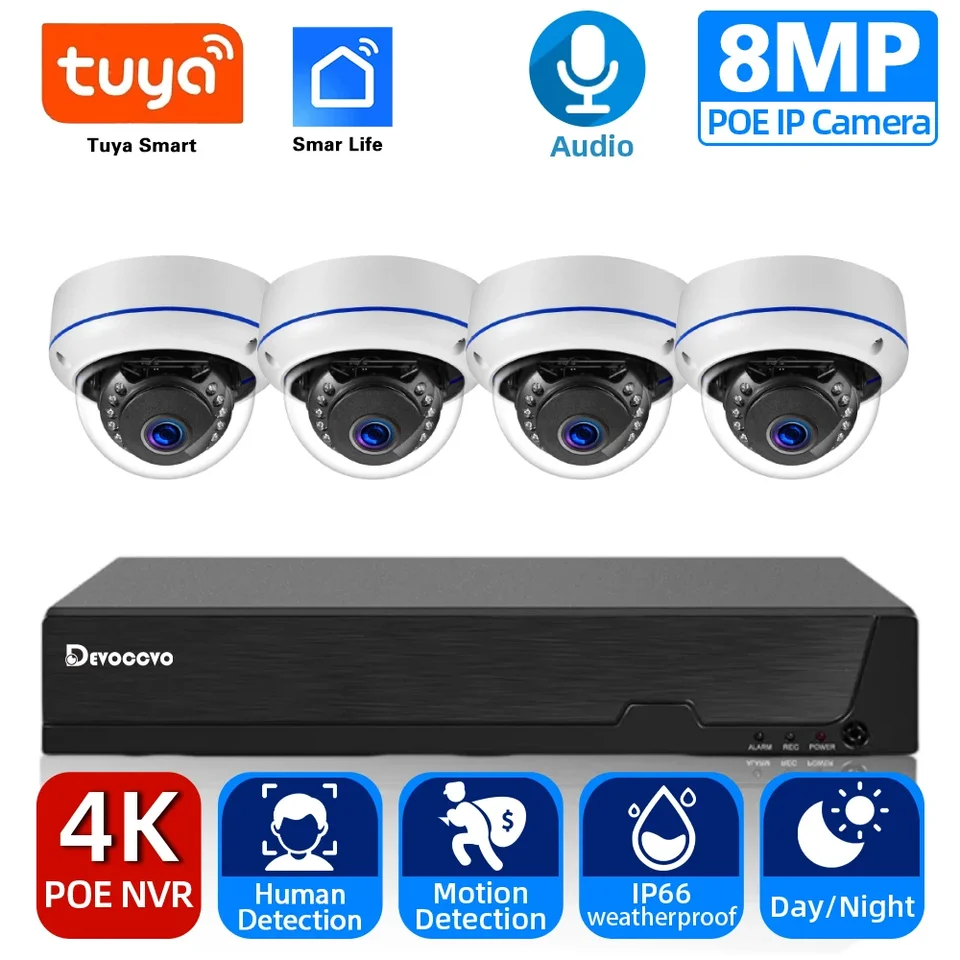 Tuya 4K 4ch Poe NVR Kit Outdoor Waterproof CCTV bezpečnostný kamerový systém Audio záznam IP Dome Camera Video Dozorný systém 8ch
