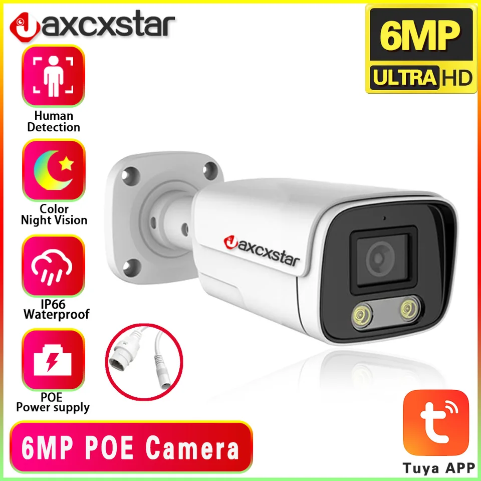 TUYA 6MP Poe Camera Video Durveillance CCTV obojsmerne audio farebná nočná videnie Bullet Bullet Wepreater Security Camera pre NVR