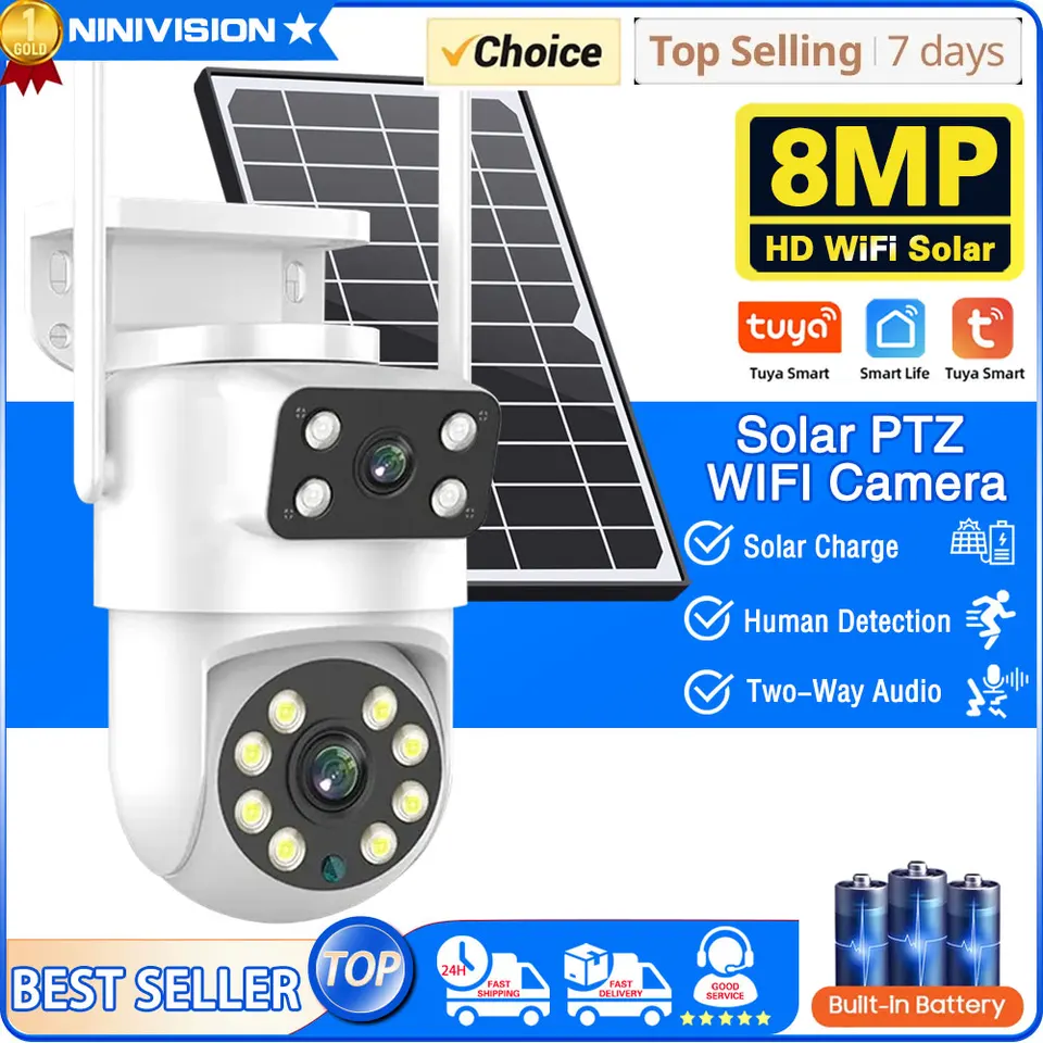 Tuya 8MP 4K solárne bezdrôtové plôch IP Camera Camera Night Vision Outdoor 4MP Dual Dual šošovky WiFi PTZ Security Camera Automatické sledovanie inteligentného života