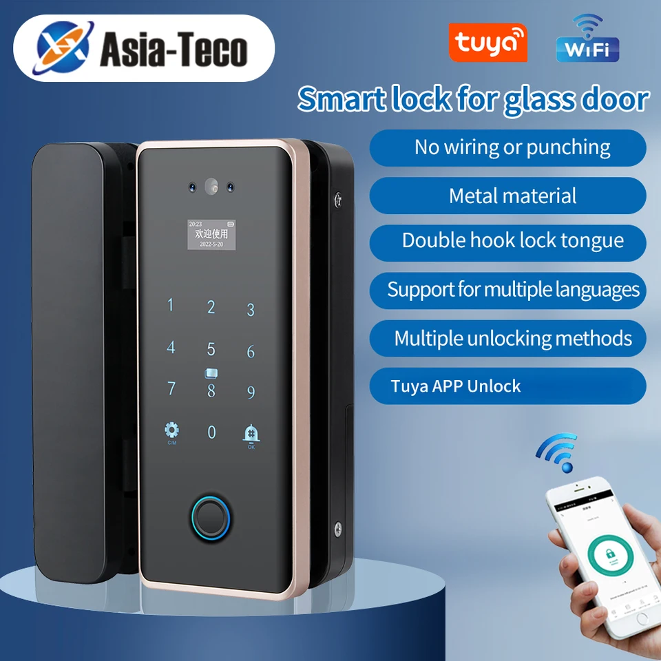 TUYA APP 3D rozpoznávanie tváre Smart Lock pre sklenené dvere biometrické elektronické odomknutie odomknutia odomknutia odomknutia s m1 tuya bránou +