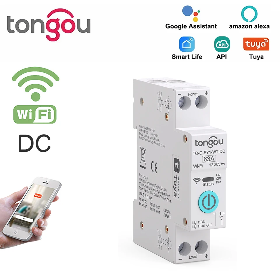 TUYA DC WiFi SMART istič 1p 63A DIN Rail pre Smart Home Wireless Diaľkové ovládanie spínač podľa aplikácie Tongou