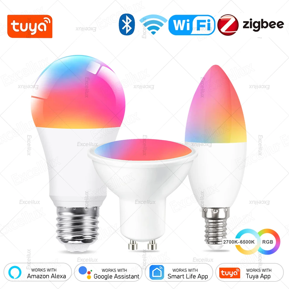 TUYA E27 E14 GU10 BULB WIFI/ZIGBEE/Bluetooth, Stlmiteľná svetlo LED žiarovka 2700-6500K RGB, SMART LED žiarovka pracuje s Alexa Amazon