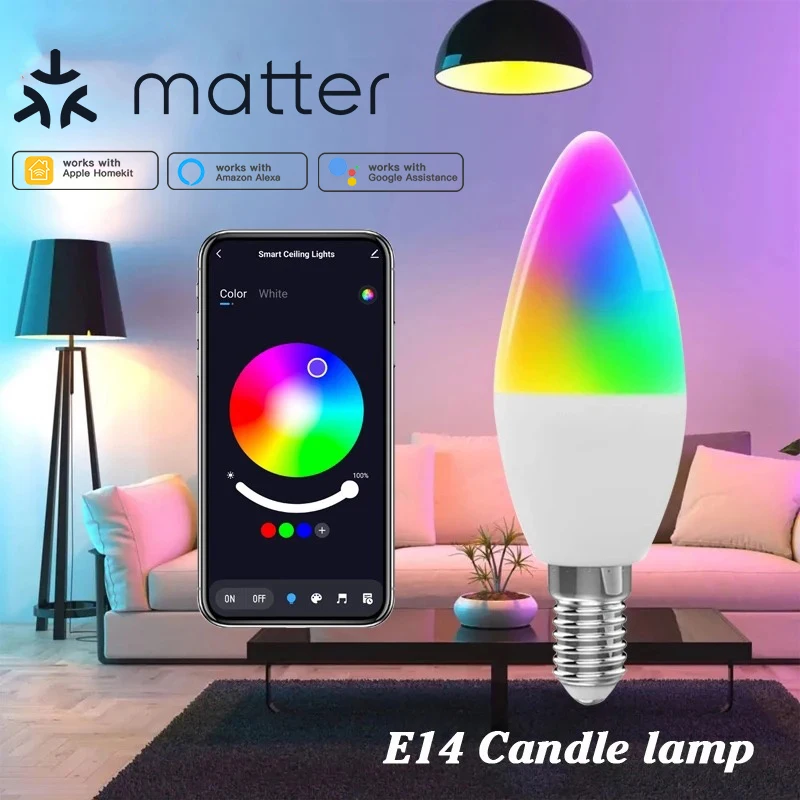 TUYA Matter wifi inteligentná žiarovka Stlmiteľné LED svetlo LED 16 miliónov RGB farby E14 Candle Lamp Hlasový ovládanie Homekit Alexa Google Home