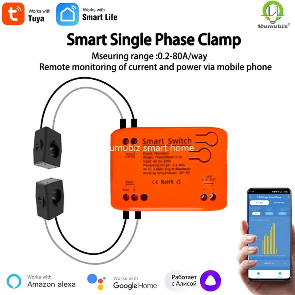 TUYA SMART 85 ~ 250V WIFI 1/2 kanála svorky s prúdom/napätím/monitorovaním energie 80A SMART ENERGETRE Práca s Alexa Alice