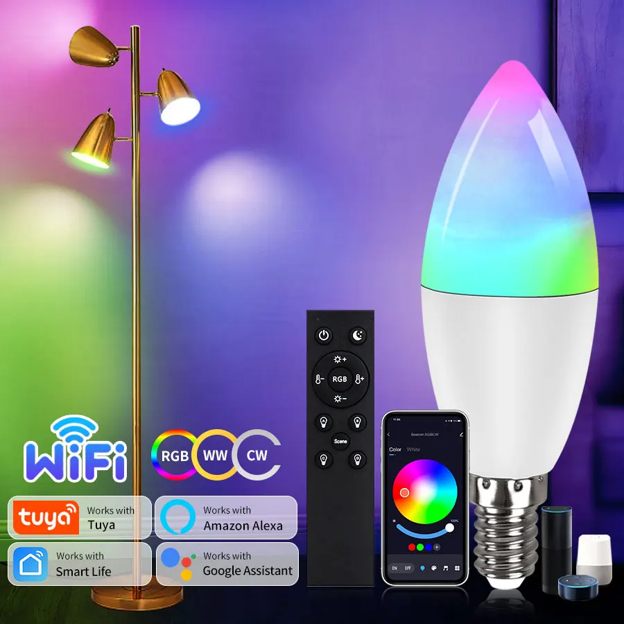 TUYA SMART WIFI LED žiarovka E14 CANDEL LIGHT 5W 7W 9W 220V S RF 2.4G Remote TUYA SMART LIFE APP VOLE CONTROL Alexa Google HOME