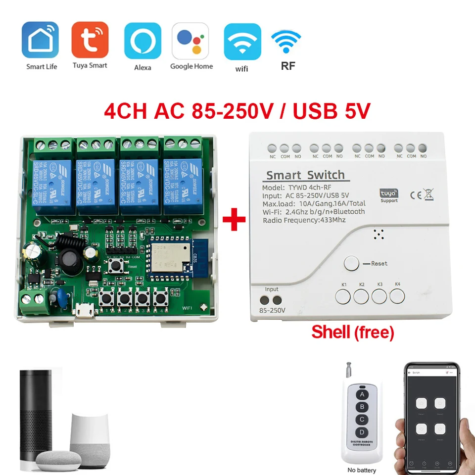 TUYA SMART WIFI MOTOROVÝ MODUL MODUL 4CH DC 5V 12V 32V RF433 Relé diaľkového ovládača pre diaľkové ovládanie pre Alexa Google Home