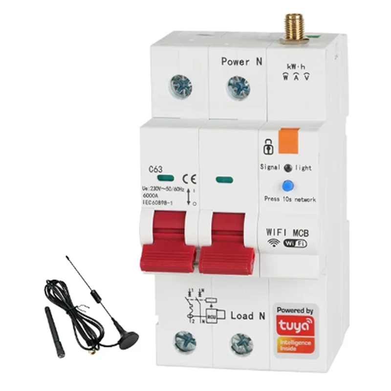TUYA SMART WIFI RS485 2P 63A MCB Breaker predplatený spínač časovača spínač napätia Prúdový chránený hlasový ovládanie Alexa ľahko použiteľné