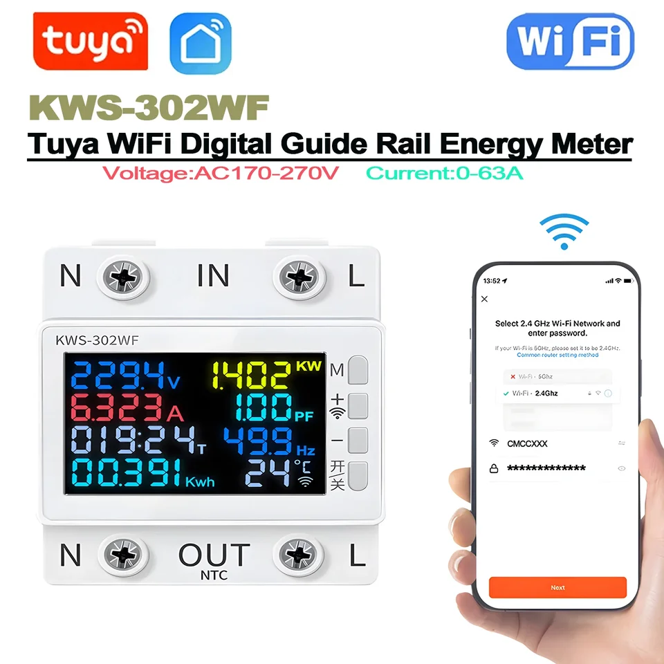 TUYA SMART WIFI Sprievodca koľajnicou 8 v 1 Energy Meter AC170-270V Voltmeter 0-63A prúdový ampéter Wattmeter KWH tester elektrickej energie