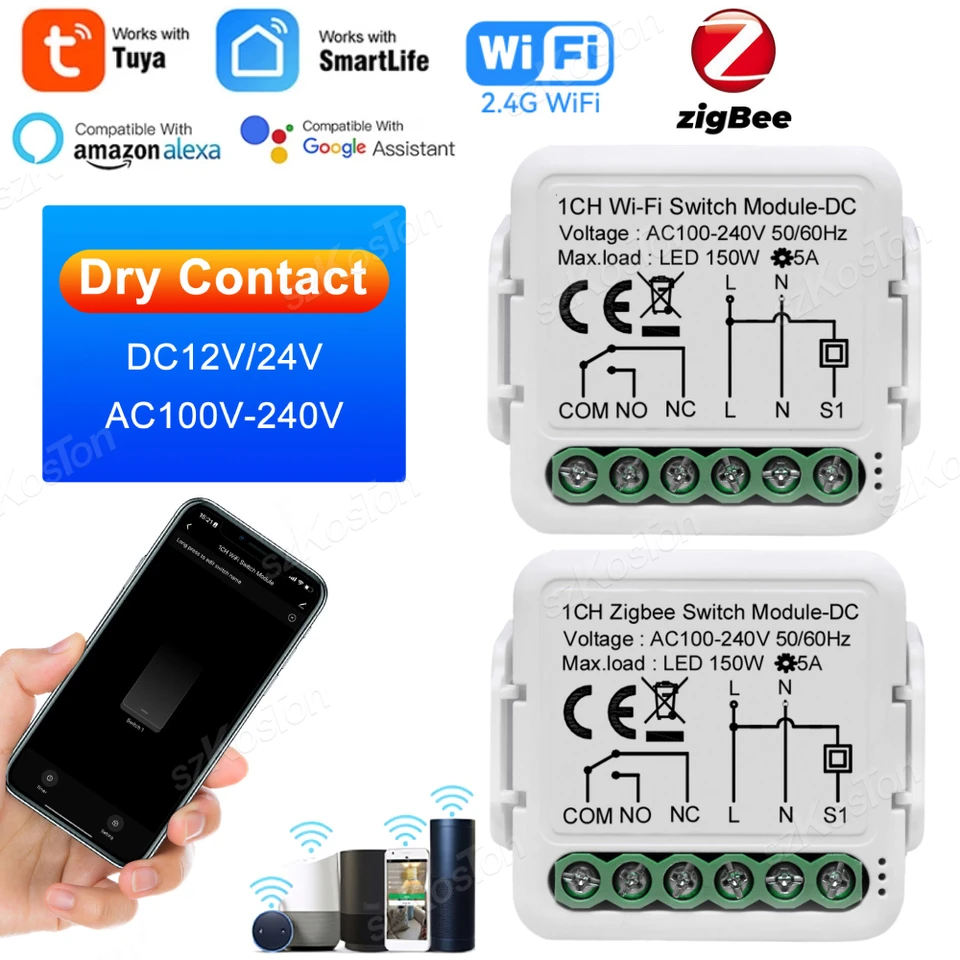 TUYA SMART ZIGBEE WIFI DREHO DRUCH Modul kontaktného prepínača SMART HOME DIY Breaker Relé DC12/24V AC 100-240V Pracuje s Alexa Google Alice