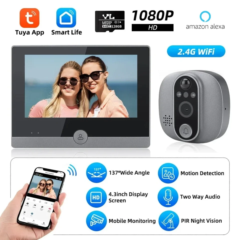 TUYA VIDEO DOOREBLEBELL 1080P WIFI PEEPHOLE CAMERA DVERE BELL PIR CAT EYE 4,3 palca Domov DIGITÁLNE DIGITÁLNE DVEROVANIE PRE BEZPEČNO