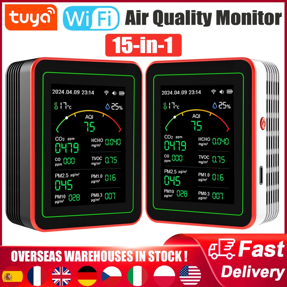 TUYA WIFI 15-v-1 Monitor kvality ovzdušia CO/CO2/HCHO/TVOC/AQI/PM0.3/PM1.0/PM2.5/PM10/teplota/vlhkosť/AQI Tester kvality ovzdušia