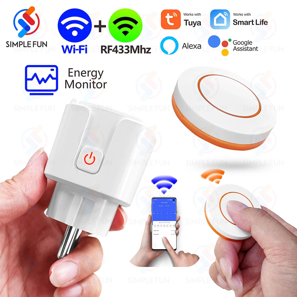 TUYA WIFI 433MHz Smart Socket 16A, EÚ FR Plug s monitorovaním napájania/pamäť stavu výkonu, inteligentná výstupná práca s Alexa Google Home