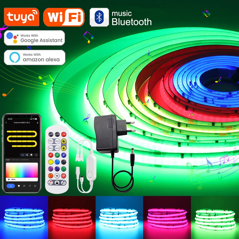 Tuya wifi inteligentné WS2811 RGB COB LED Strip LIGHT LIGHT 12V 24V 720LEDS/M Adreačné pixelové páska LED páska Bluetooth LED RESH RESKON DECOBOR