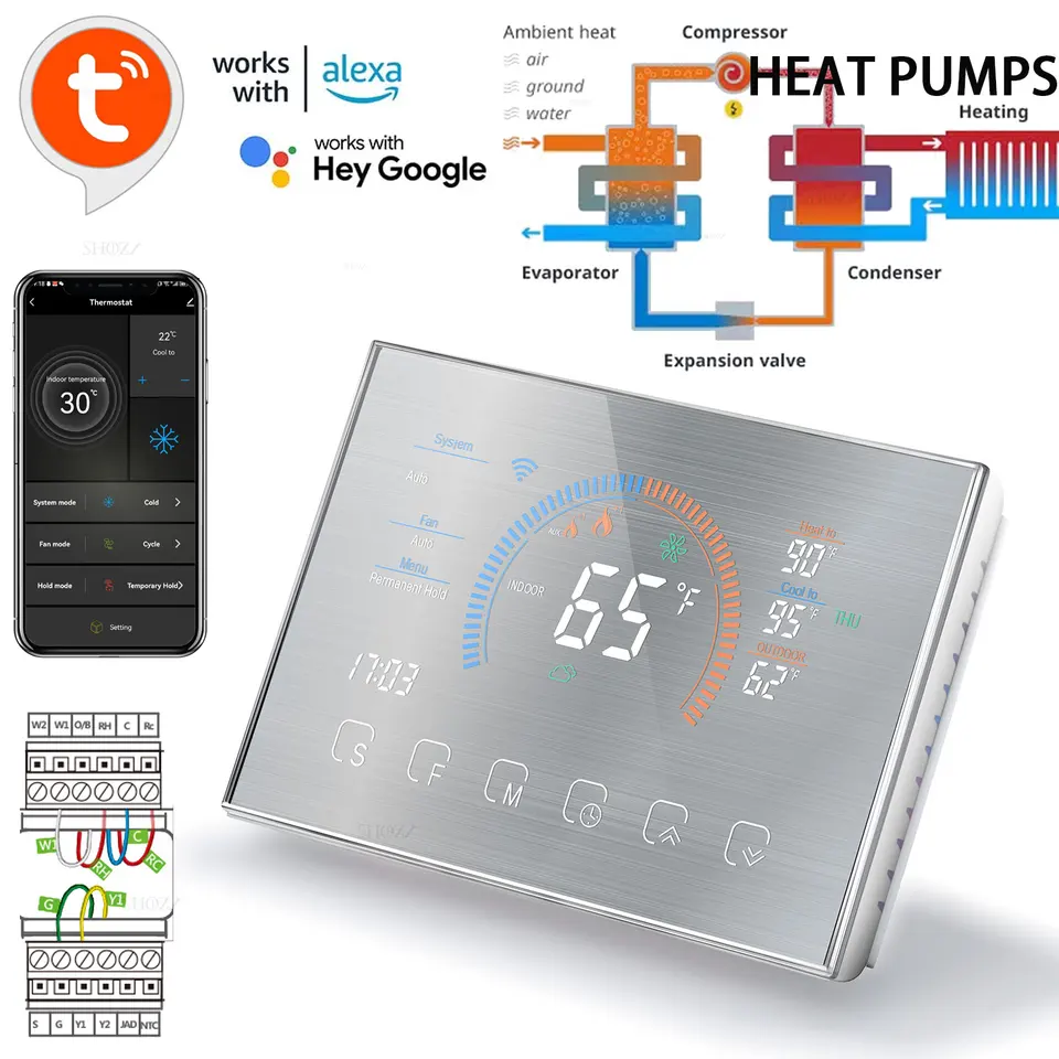 TUYA WIFI Programovateľné tepelné čerpadlo Termostat 24VAC/DC pre väčšinu systémov HVAC Kompatibilný kotol/vzduchová energia s Alexa a Google