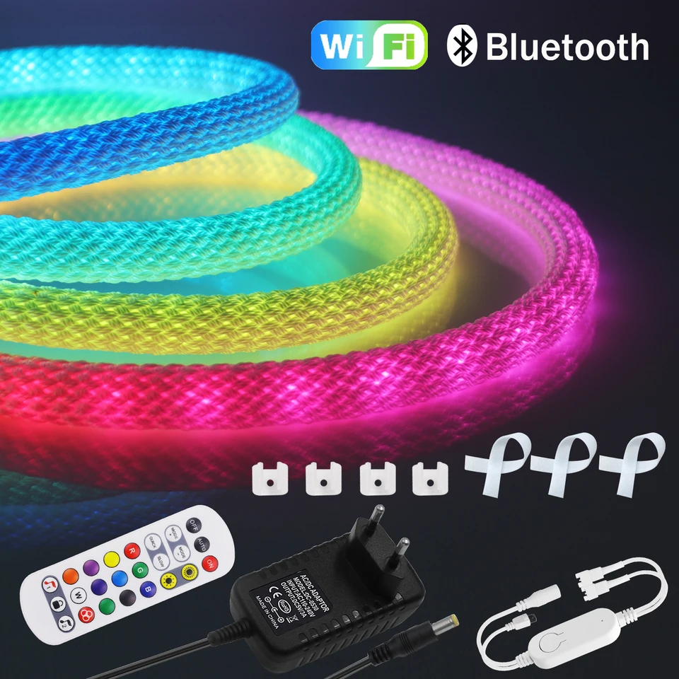 Tuya wifi rgb LED dióda LED svetlo 5V WS2812B Flexibilné silikónové LED neónové neónové IP67 360 ° okrúhle siete LED NEON NEON Adreabilné pixelové svetlo pixelov