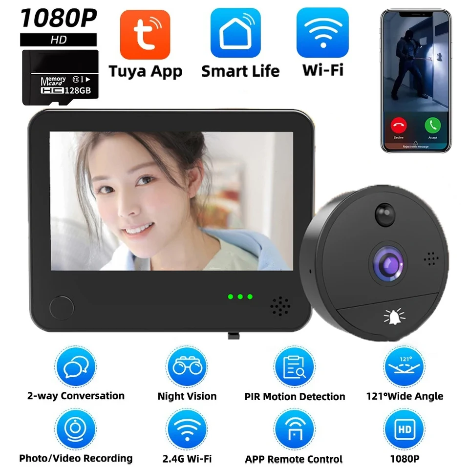TUYA WiFi SMART 1080P VIDEO VIDEO BURNEBLE BEEPHOLE PEEPHOLE CAMERA CAMERA V DOHODER V DOBROVANÍ DETECTION DITECTION TUYA APP
