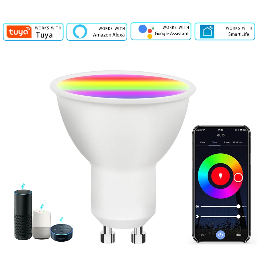 TUYA WIFI SMART BULB GU10 5W 7W 9W 220V 110V RGBCW 2700K-6500K SMART BILLBS SMART LIFE DISTOBIL DISTOBIL PRÁCA S Google HOME