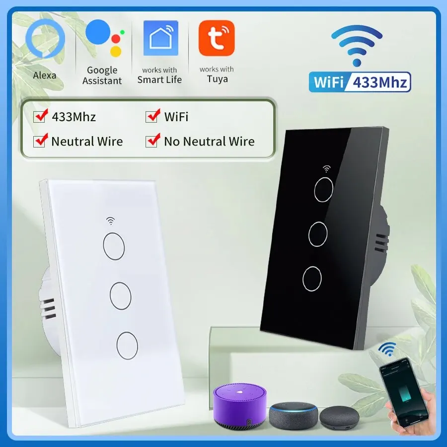 TUYA WIFI SMART LIGHT SWINT Neutrálny drôt/bez neutrálneho drôtu, ktorý je potrebný na stenu dotyk 1/2/3 gangový spínač pre Alexa Google Home