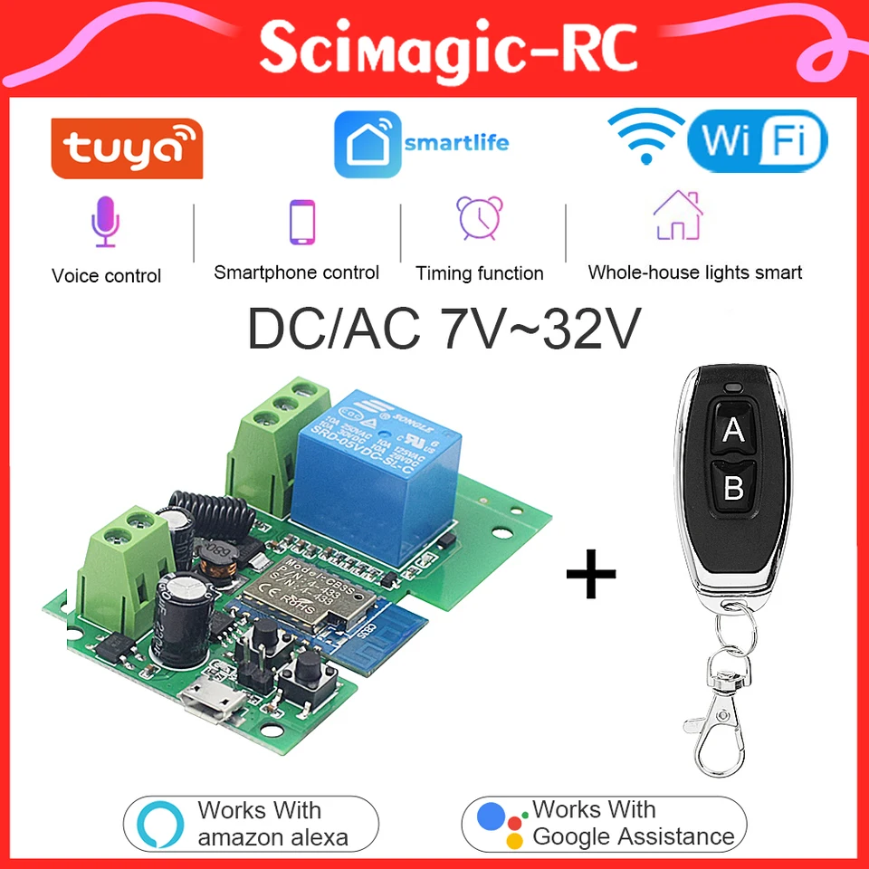 TUYA WIFI SMART RELEFIL SWITCH USB 5V, DC 7-32V 85-250V 1 CH JOG Self Locking Modul Alexa Google Home RF 433MHz Diaľkové ovládanie