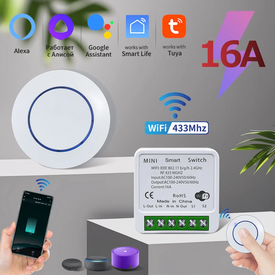 TUYA WIFI SMART SWITCH 16A 433MHz Wireless Mini Round Gutton Prepínač