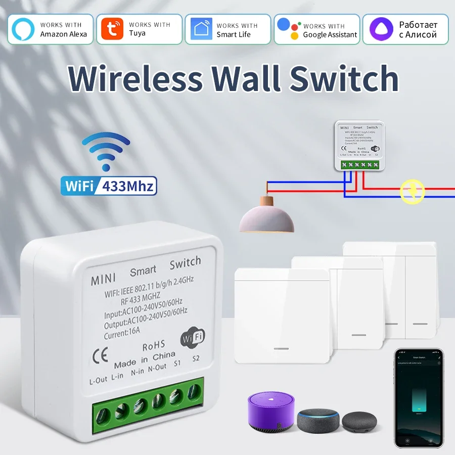 TUYA WIFI SMART SWITCH 16A MINI RELE Relé prijímač 433 MHz 1/2/3GANG Wireless Panel Switch Hlas