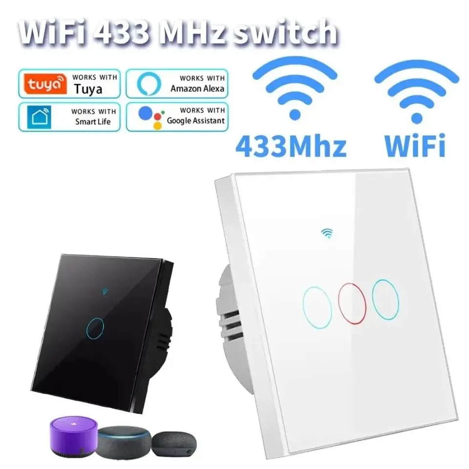TUYA WIFI SMART SWITCH EU/US Light Wall Touch prepínač práce s Alexa Google Home bez neutrálneho drôtu 433RF diaľkový senzor 1/2/3 gang