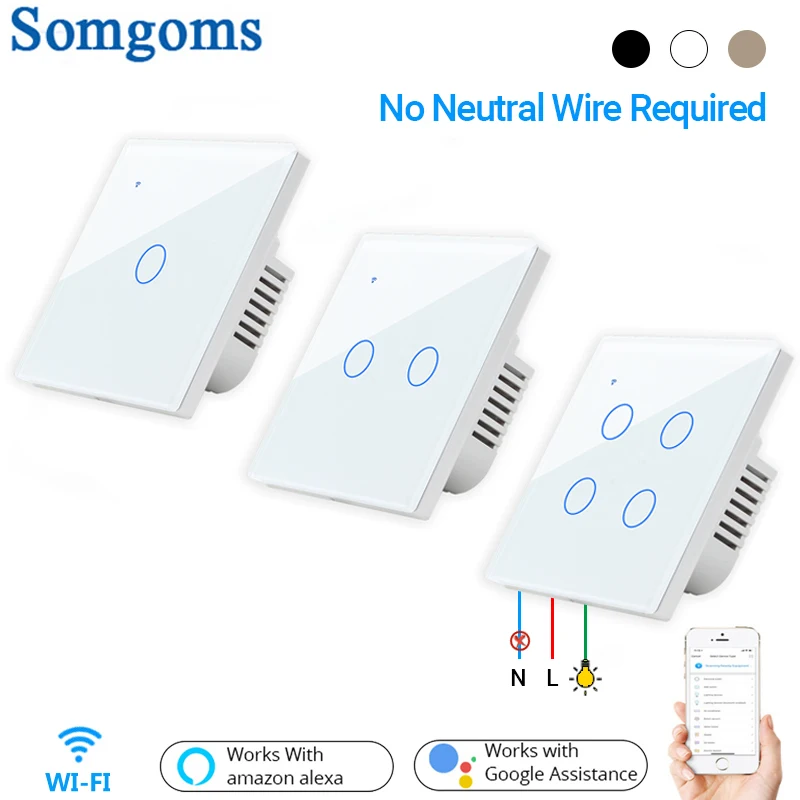 TUYA WIFI SMART TOUGH WALL SWINT 220V Žiadny neutrálny drôt 1/2/3/4 GANG LED prepínačy Svetl Home Alexa Google Home Eu UK