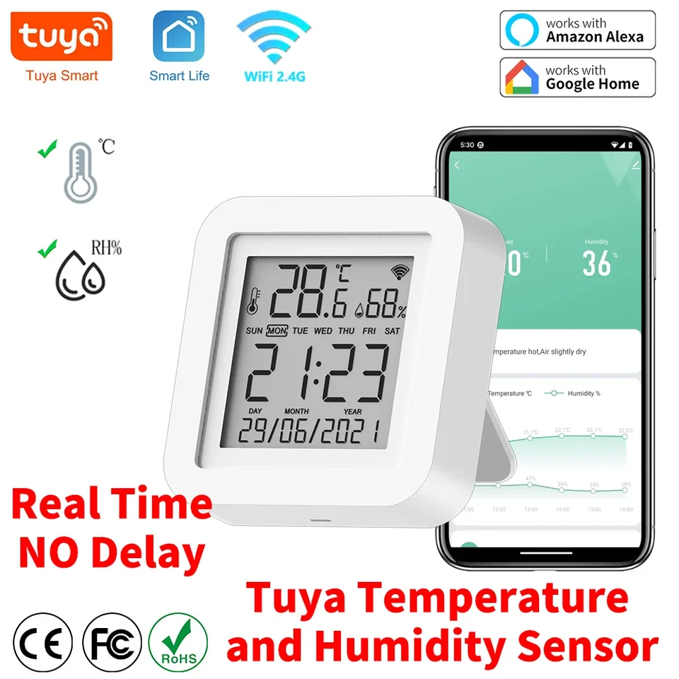 TUYA WIFI Teplota a vlhkosť senzor pre SMART HOME VAR SMARTLIFE TERMOMERMOMER HYGROMETROM PODPORU Alexa Google Assistant