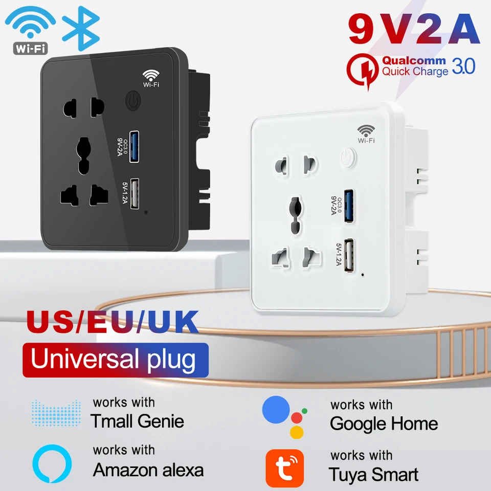 Tuya WiFi USB Smart Wall Socket US EÚ UK Universal Plug 9v2a Toughted Flass Panel 3.0 Rýchle nabíjanie s Alexa Google Home