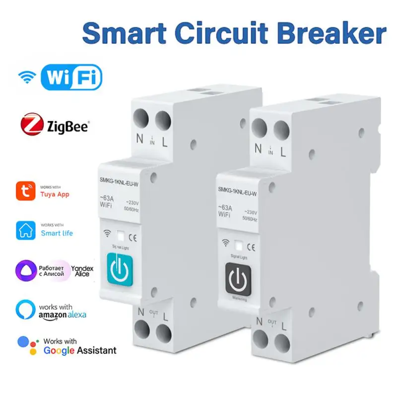 TUYA WIFI ZIGBEE SMART Circuit istič s meraním 1p 63A Rail Din pre inteligentný domáci spínač diaľkového ovládania pre Alexa Google Home