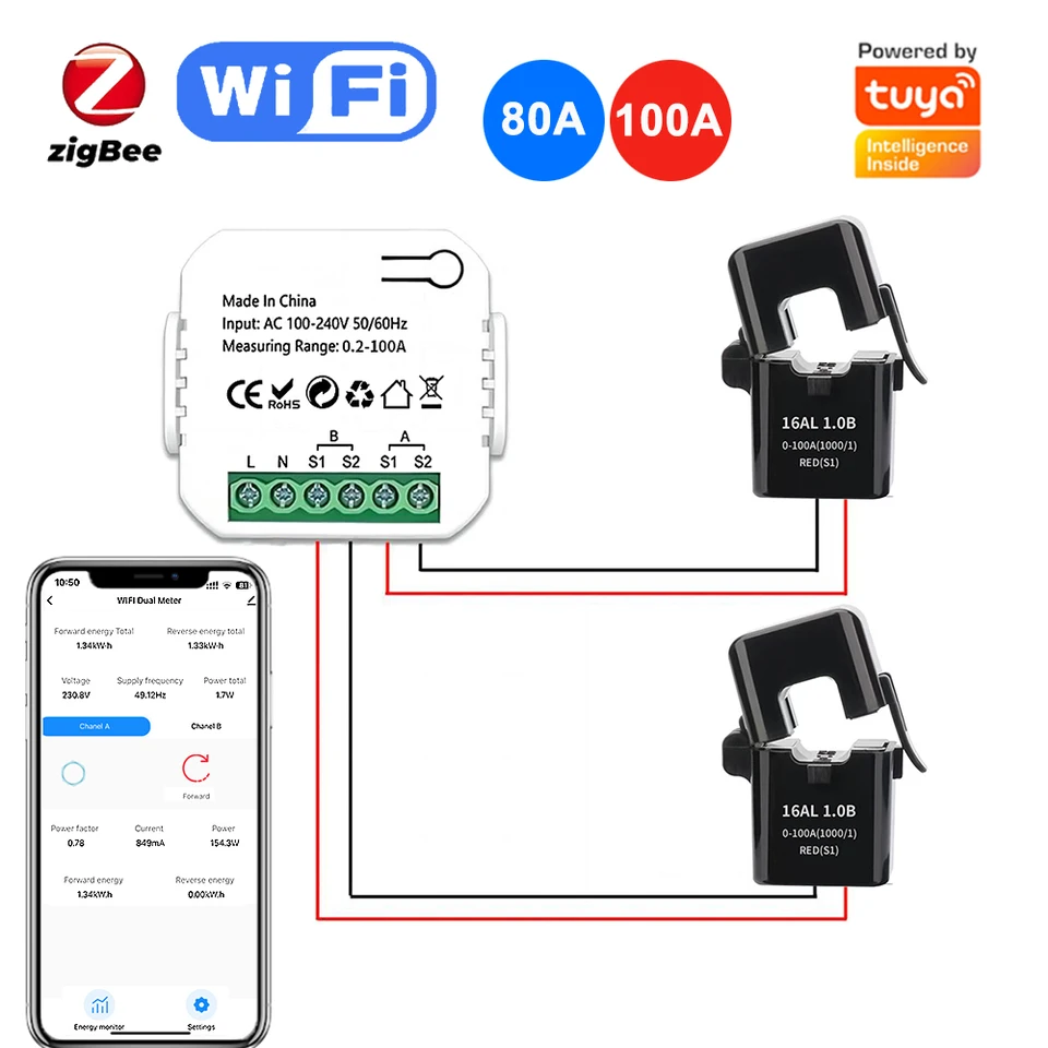 TUYA WIFI/ZIGBEE SMART ENERGIE ENERGETRE 80A 100A 2 KAMÁLNA TRAKOVÝ TRANSFORMER SENZOR SNAPTE SMARTLIFE APP APP DISTER