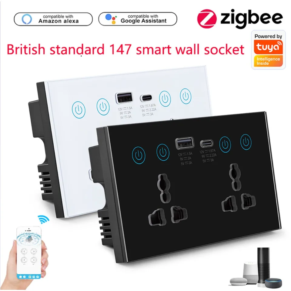 TUYA ZIGBEE 147 Zásuvka na stenu USB TYP-C Univerzálna elektrická elektrická elektrická zástrčka výstup 13A Touch prepínač diaľkového ovládača od Alexa Google Home