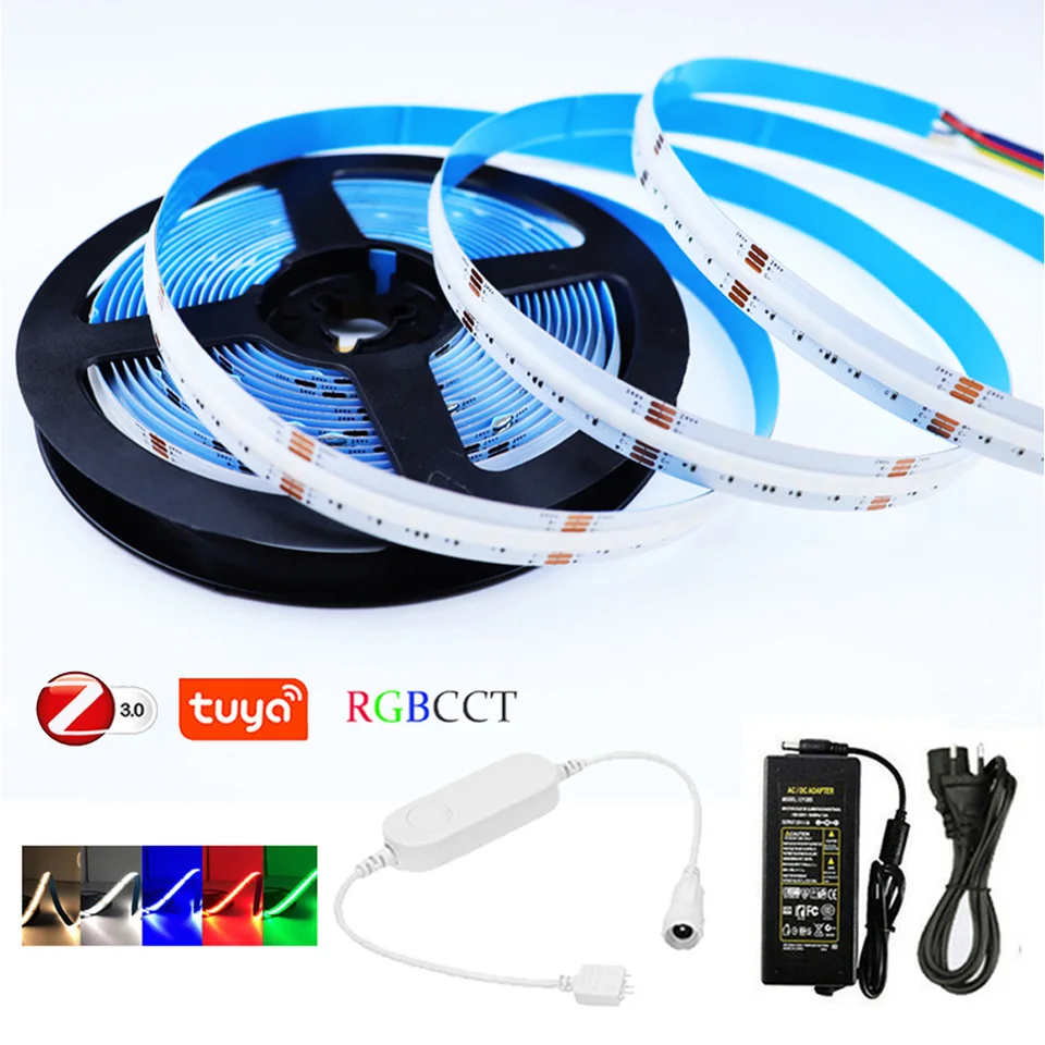 Tuya ZigBee 3.0 RGB+CCT COB COB LED Dimmer STIP SET 6 PIN 24V 1M 5M RGBCW SMART DISTORESS CONTREFICKÝ RA90 Lineárne svetlo pre Alexa